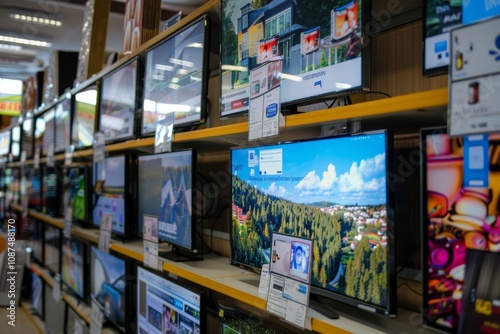 Modern flatscreen TVs for sale in electronic store photo