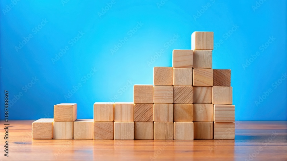 Wooden blocks stacked in a pyramid shape on a wooden surface against a blue background symbolizing growth, success, and progress. Wooden blocks stacked in a pyramid shape on a wooden surface against a blue background symbolizing growth, success, and progress.