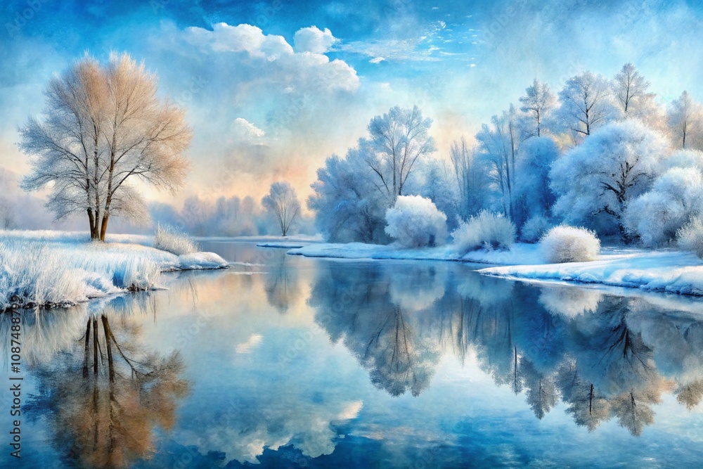 Snowcovered trees mirrored in a peaceful frozen lake, creating a winter wonderland wallpaper background scene. Snowcovered trees mirrored in a peaceful frozen lake, creating a winter wonderland wallpaper background scene.