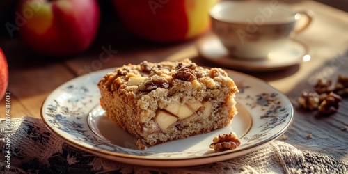 Teabread featuring apple and walnut on a plate, highlighted with selective focus, showcases the delightful combination of apple and walnut in a tempting baked treat.