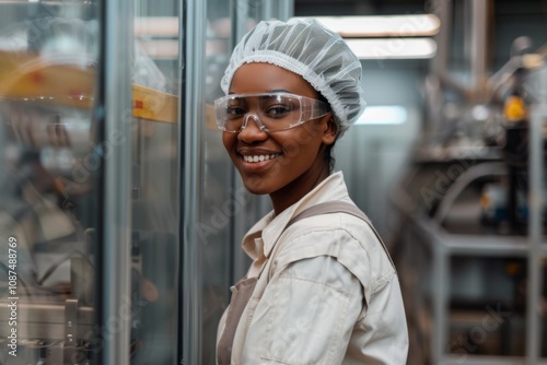 Happy African American female employee working at a solar plant