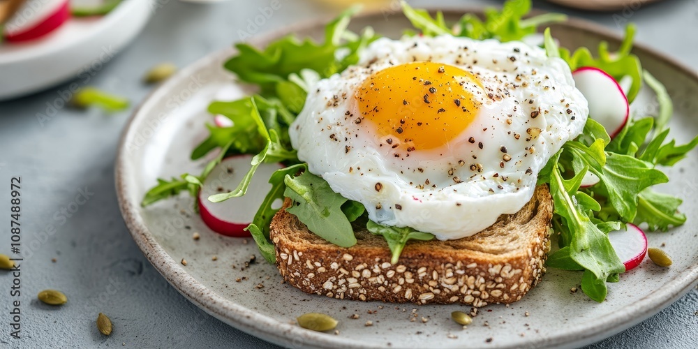 Delicious poached egg served on rye bread toast, paired with creamy cheese, sprinkled with pepper and seeds, complemented by fresh salad leaves and radish, perfect for a homemade breakfast.
