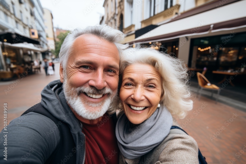 Close up of a senior couple taking selfie while walking in the city Close up of a senior couple taking selfie while walking in the city