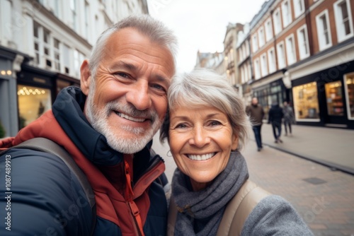 Close up of a senior couple taking selfie while walking in the city