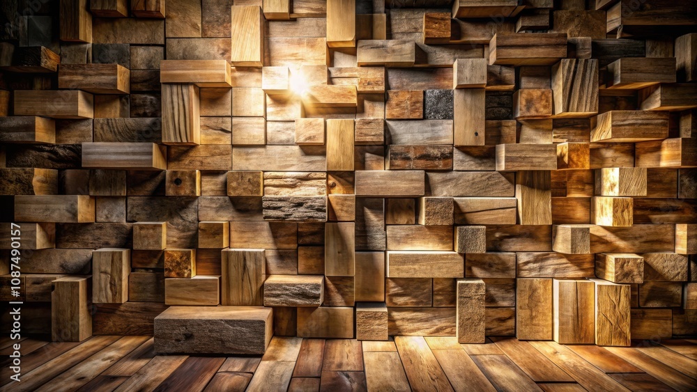 A warm, golden light illuminates a rustic wooden wall constructed of irregular blocks, creating a sense of depth and texture. A warm, golden light illuminates a rustic wooden wall constructed of irregular blocks, creating a sense of depth and texture.