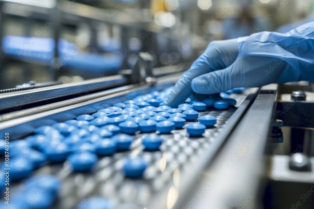 Close up of a pharmaceutical production line with gloved hands Close up of a pharmaceutical production line with gloved hands
