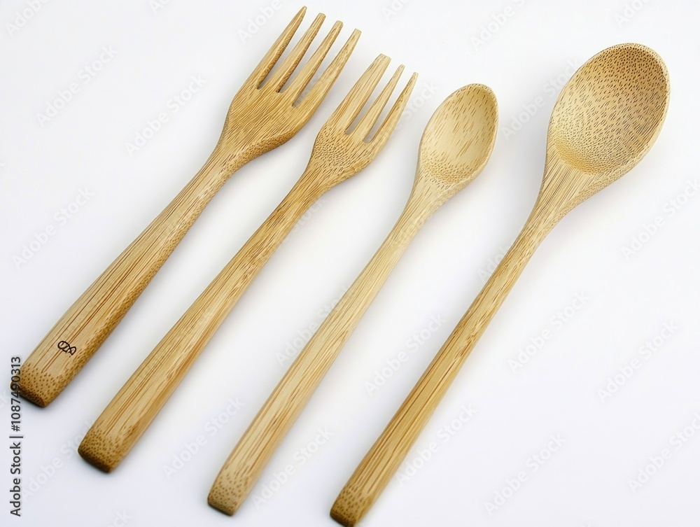 A set of bamboo utensils including a fork, spoon, and serving spoon for eco-friendly dining. A set of bamboo utensils including a fork, spoon, and serving spoon for eco-friendly dining.