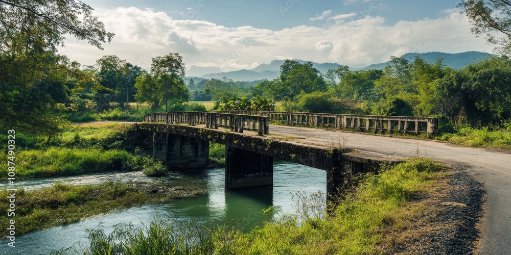 Bridge spanning a river alongside a rural road, offering a picturesque view of nature. Experience the charm of the bridge and the serenity of the river in this peaceful countryside setting. Bridge spanning a river alongside a rural road, offering a picturesque view of nature. Experience the charm of the bridge and the serenity of the river in this peaceful countryside setting.