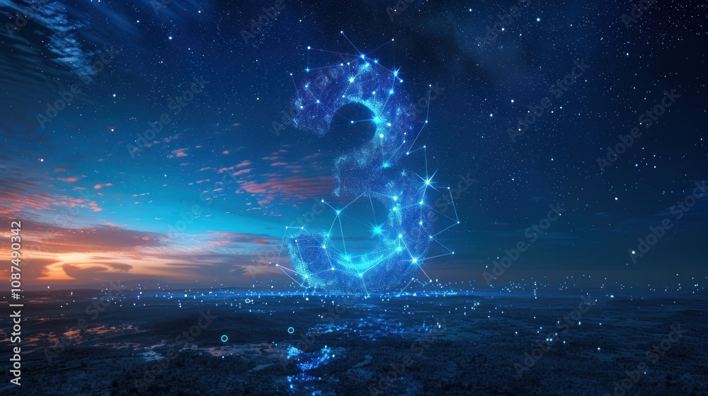Obraz premium A glowing, digital number three against a backdrop of a colorful sunset and a cityscape.