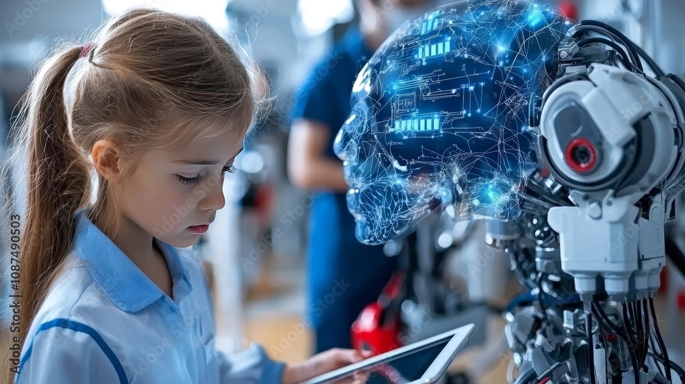 Innovative Technology Interaction Girl Engages with AI Robot Modern Lab Setting Educational Experience Child's Perspective Future of Learning Innovative Technology Interaction Girl Engages with AI Robot Modern Lab Setting Educational Experience Child's Perspective Future of Learning