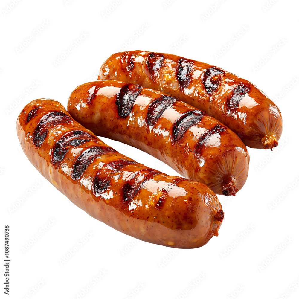 Grilled BBQ sausages with grill marks isolated on transparent background Grilled BBQ sausages with grill marks isolated on transparent background