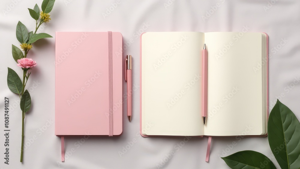 The leather moleskine mockup showcases a premium pastel notebook with a luxurious design, displayed open and closed.