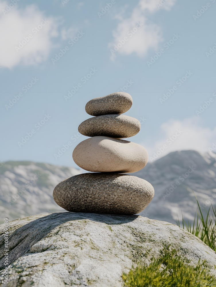 Serene stone stack against a mountain backdrop. Serene stone stack against a mountain backdrop.