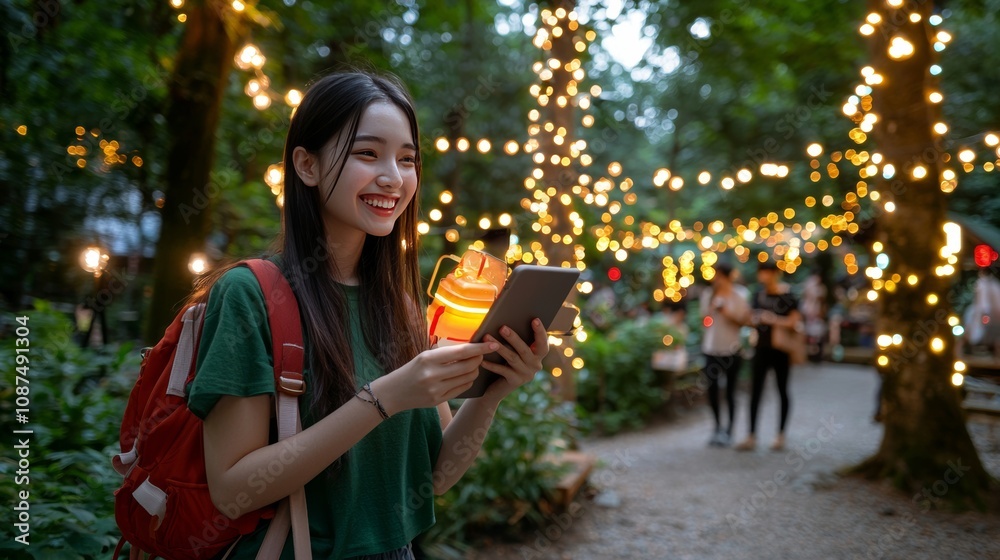 Fototapeta premium Young Woman Using Tablet at Night Event in a Lively Park with Twinkling Lights Casual Atmosphere Cheerful Mood