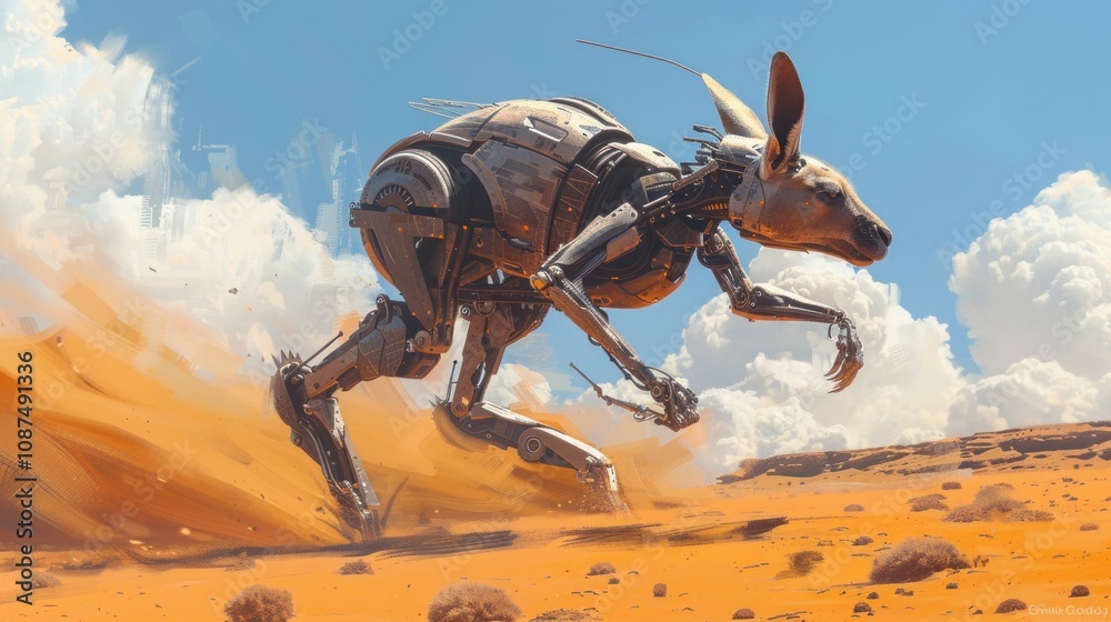 Obraz premium Robotic kangaroo runs across desert landscape under bright sun.