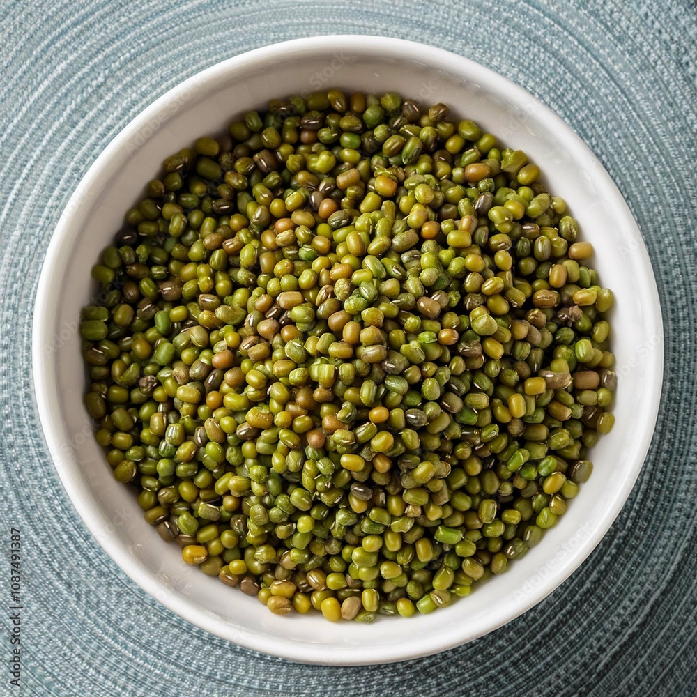 Mung beans in a white bowl top view