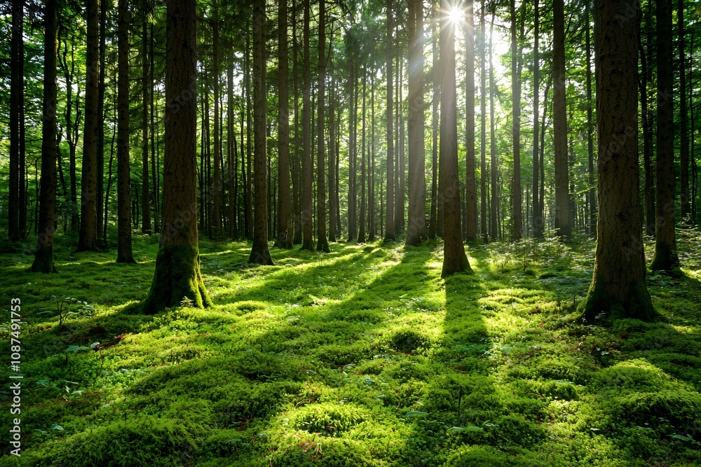 Obraz premium Sunlight Filtering Through a Serene Forest Canopy