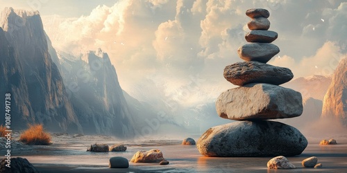 Stone balance serves as a captivating theme for a book cover, evoking meditation and natural art. This creative depiction of stone balance invites viewers to explore the harmony of meditation and art. photo