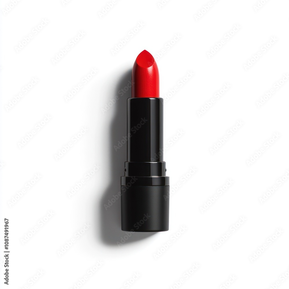 A vibrant red lipstick in a sleek black casing, showcasing beauty and cosmetic application. A vibrant red lipstick in a sleek black casing, showcasing beauty and cosmetic application.