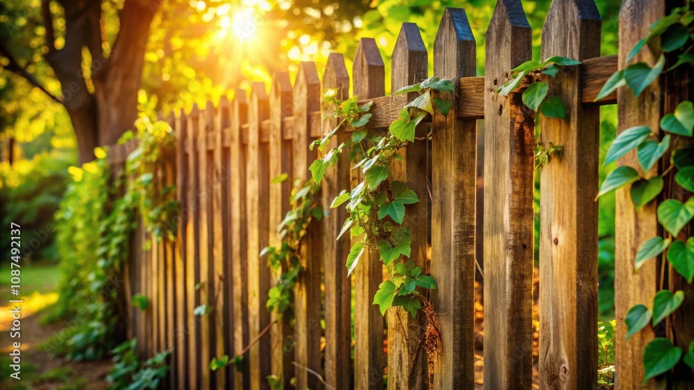 A wooden fence with green vines growing on it, bathed in the warm glow of the setting sun. A wooden fence with green vines growing on it, bathed in the warm glow of the setting sun.