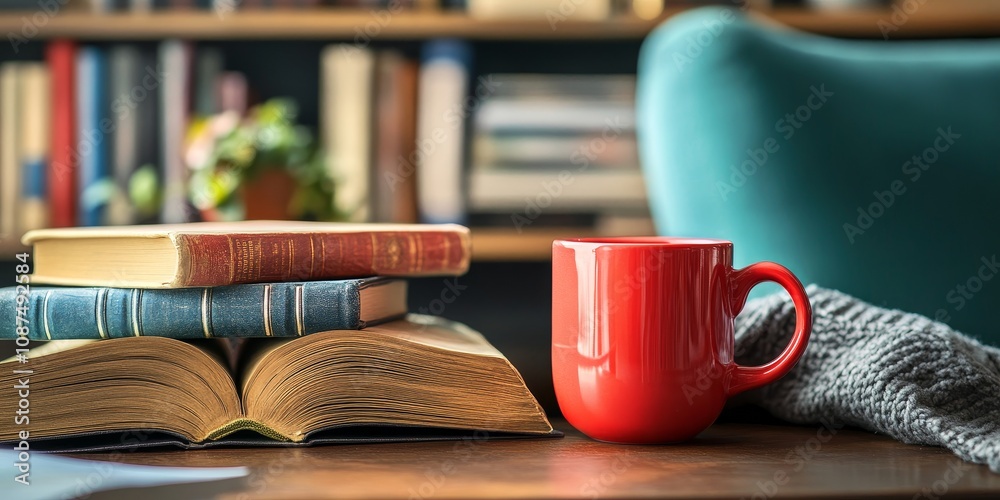 Retro books and a red mug are artfully arranged on a desk top, creating a cozy reading nook that invites relaxation with retro books and a cheerful red mug for your daily inspiration. Retro books and a red mug are artfully arranged on a desk top, creating a cozy reading nook that invites relaxation with retro books and a cheerful red mug for your daily inspiration.