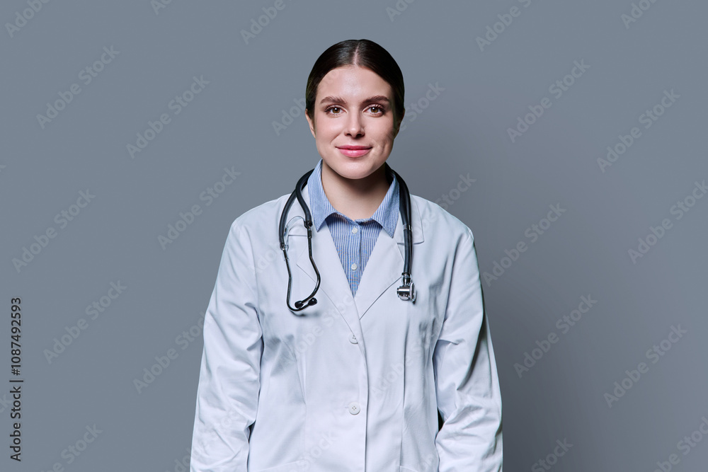 Portrait of young smiling woman doctor on gray background Portrait of young smiling woman doctor on gray background