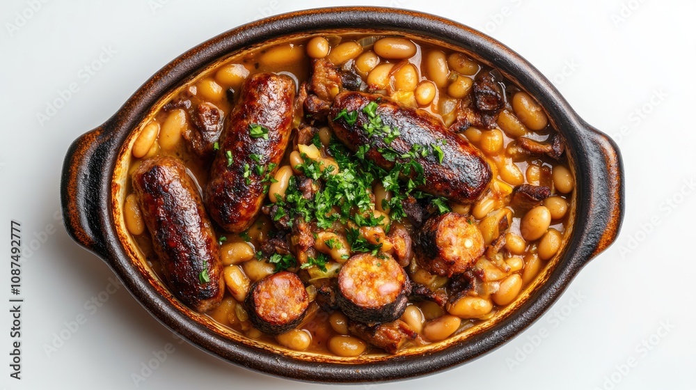 Hearty Dish with Sausages and Beans in Brown Pot Hearty Dish with Sausages and Beans in Brown Pot