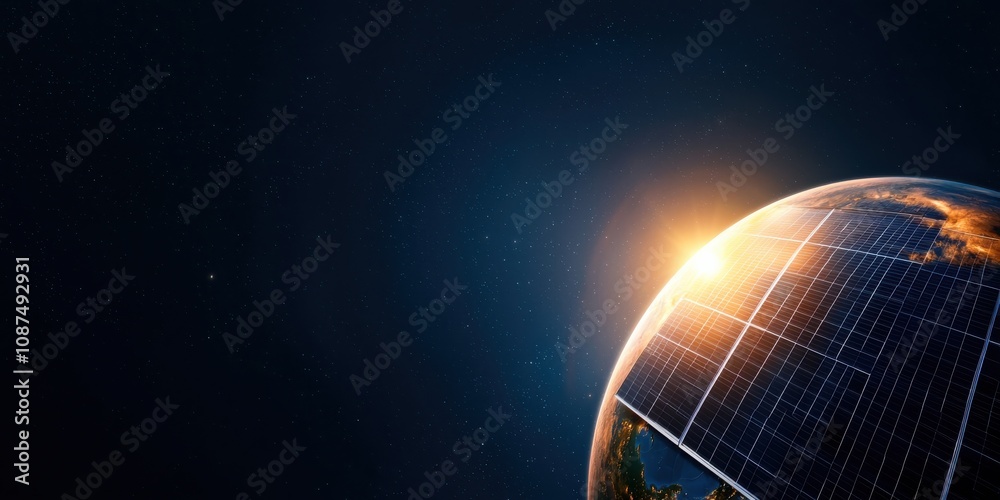 Fototapeta premium Finance of renewable energy stocks concept. A stunning view of Earth from space, illuminated by the sun, featuring solar panels reflecting light in a dark cosmic background.