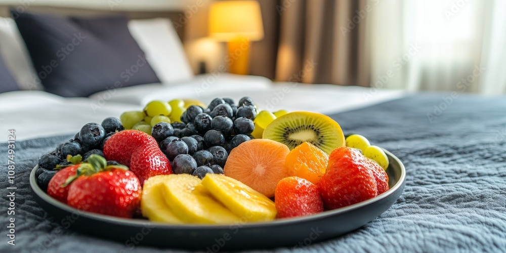Fresh and healthy fruit plate displayed on a bed in a cozy hotel room, emphasizing the enjoyment of a healthy fruit plate while relaxing in a tranquil hotel setting. Fresh and healthy fruit plate displayed on a bed in a cozy hotel room, emphasizing the enjoyment of a healthy fruit plate while relaxing in a tranquil hotel setting.