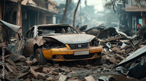 Obraz na płótnie Abandoned and damaged car amid rubble and debris in an urban area affected by disaster, showing destruction and devastation w salonie