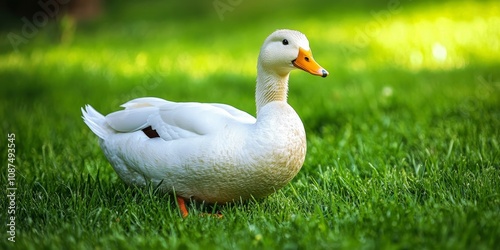 A white wet duck is featured against a vibrant green grass backdrop, showcasing the elegant appearance of the white wet duck in a natural setting. The white wet duck stands out beautifully.