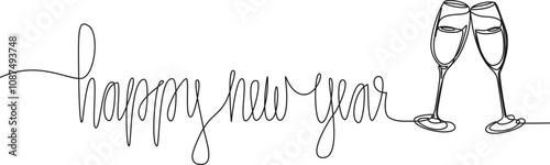continuous single line drawing of handwritten words HAPPY NEW YEAR and champagne glasses clinking, line art vector illustration