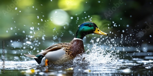 A duck enjoys a refreshing bath in a puddle, showcasing the playful nature of ducks as they splash and swim in their natural environment, highlighting the charm of a duck s bathing behavior. photo