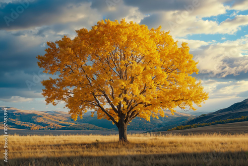 A lone tree in the middle of a grassy field under a cloudy sky