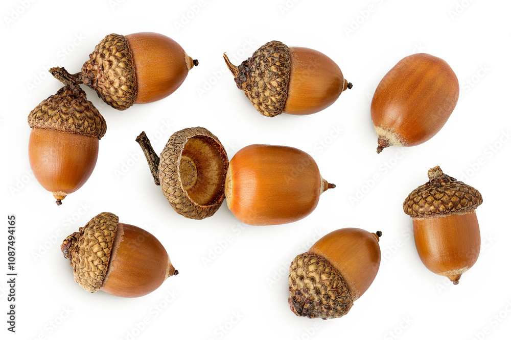 Brown acorn oak nut isolated on white background. Top view. Flat lay Brown acorn oak nut isolated on white background. Top view. Flat lay
