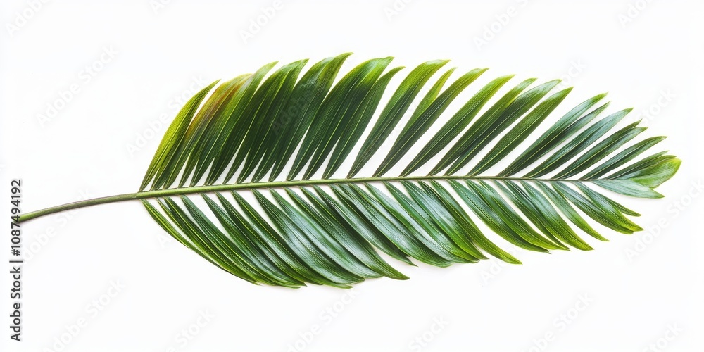 Obraz premium Isolated green leaf of a palm tree showcasing vibrant colors and intricate textures, perfect for illustrating themes of nature and tranquility with a focus on palm tree aesthetics.