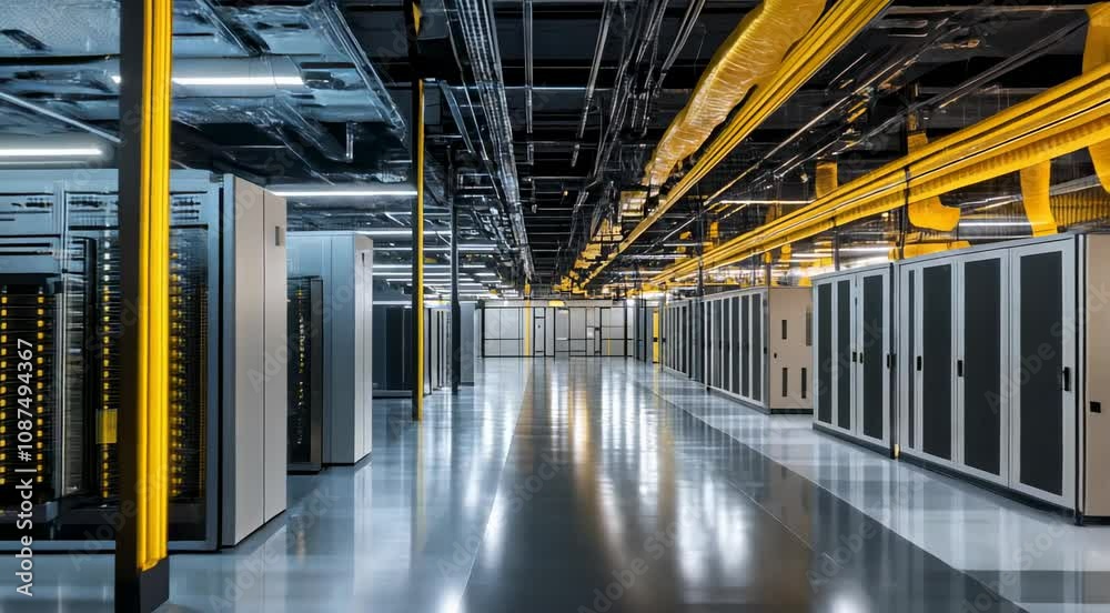 Inside a modern data center showcasing rows of servers and vibrant yellow cabling