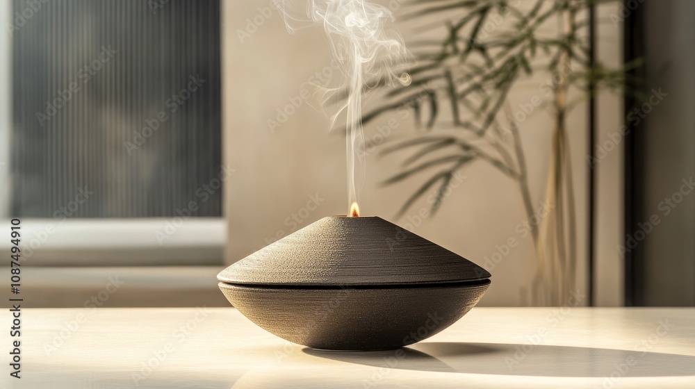 A minimalist incense holder emits smoke, creating a serene atmosphere in a stylish interior. A minimalist incense holder emits smoke, creating a serene atmosphere in a stylish interior.