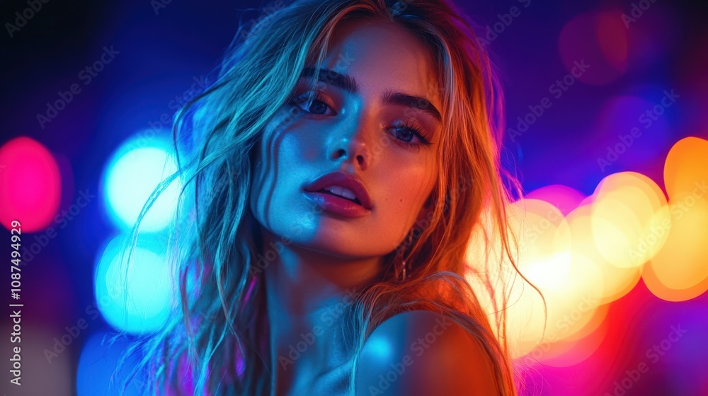 Captivating Glamour Portrait with Vibrant Neon Background Captivating Glamour Portrait with Vibrant Neon Background