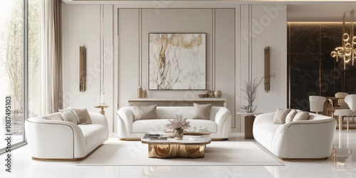 Horizontal view showcasing a modern white living room design, featuring elegant furnishings and a spacious ambiance perfect for relaxation and style within the white living room design aesthetic.