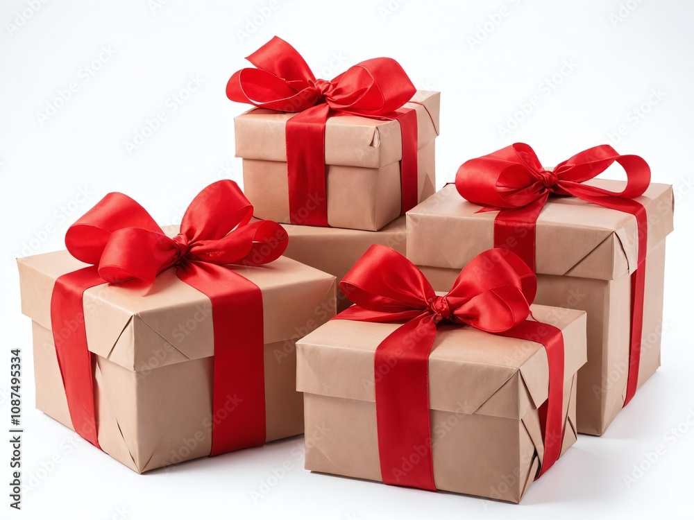Fototapeta premium Wrapped gifts with red ribbons stacked together on a white background for celebrations and holidays. Christmas and New Year
