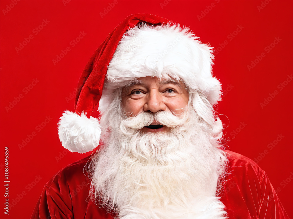 Naklejka premium Jolly old man in a red Santa suit with a white beard celebrates Christmas against a bright red background