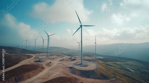 Aerial view of wind turbine construction, showcasing towering structures and vast landscapes. 