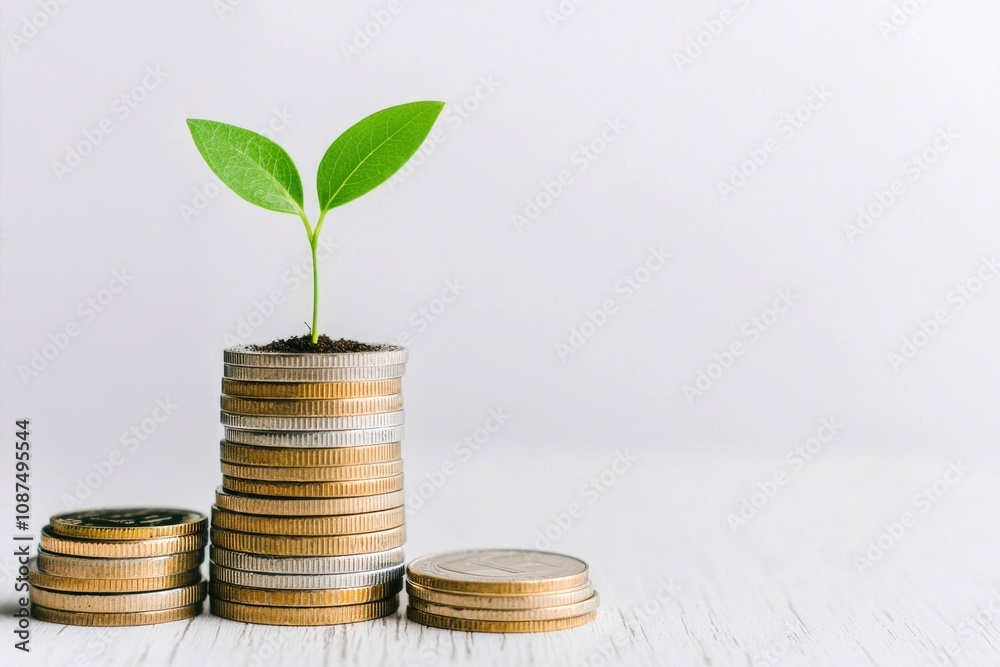 Green loan Sprout growing from stacked coins symbolizing growth and investment.