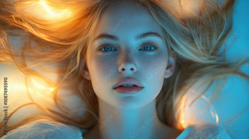 Dreamy Portrait of a Young Woman with Glowing Lights in Hair