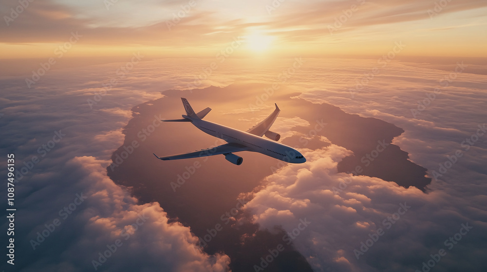 An airplane in flight above a cloud-covered island during a beautiful sunset An airplane in flight above a cloud-covered island during a beautiful sunset