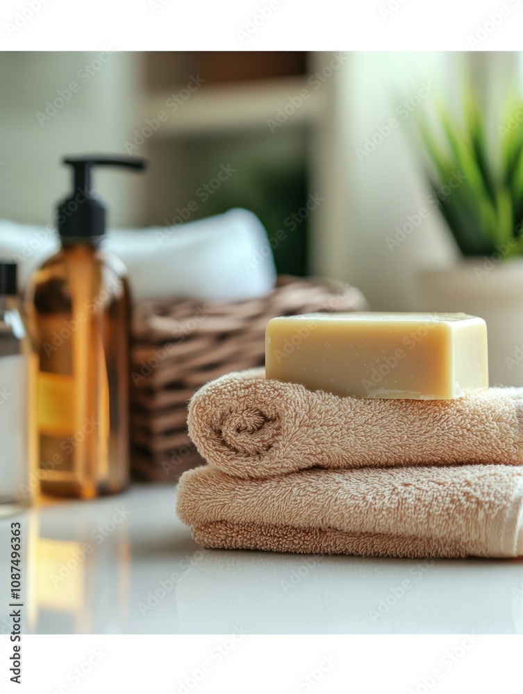 A serene bathroom setting with towels, soap, and a plant, promoting relaxation and self-care. A serene bathroom setting with towels, soap, and a plant, promoting relaxation and self-care.