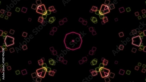 Neon Geometric Kaleidoscope: Pink, Green, and Yellow Squares and Shapes on Black