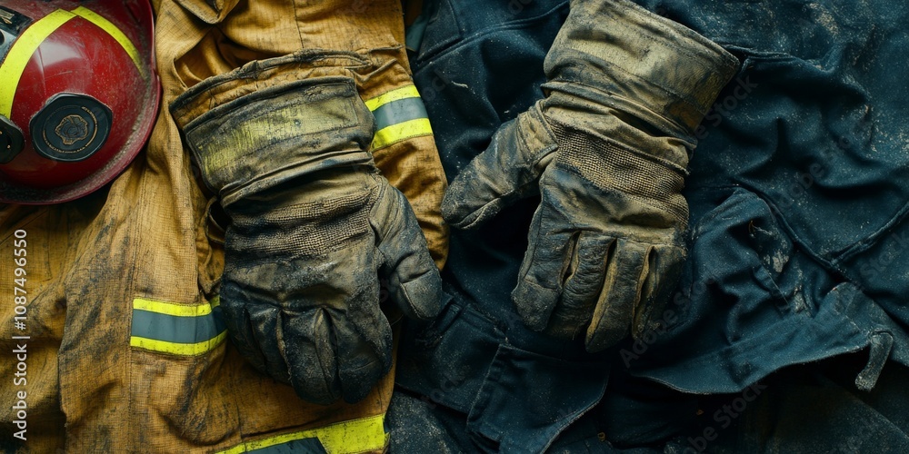 Worn fireman s gloves placed beside firefighter s clothing, showcasing the essential gear of a fireman after use in firefighting duties and highlighting the importance of fireman s gloves. Worn fireman s gloves placed beside firefighter s clothing, showcasing the essential gear of a fireman after use in firefighting duties and highlighting the importance of fireman s gloves.
