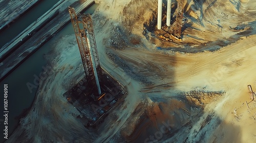 Aerial view of wind turbine construction, showcasing towering structures and vast landscapes. 